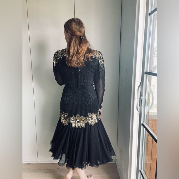 Vintage 90s Dress Sequin Beaded Party Cocktail Formals Red Carpet Black Gold s/6 - Picture 6 of 14
